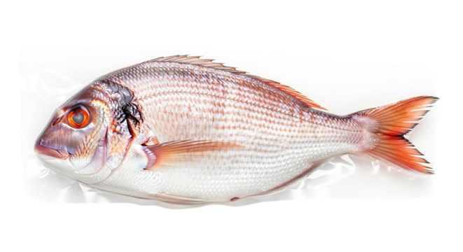 Sea Bream Fish, Whole Raw with Orange Fins and Reddish Scales isolated on a transparent background, cutout, PNG