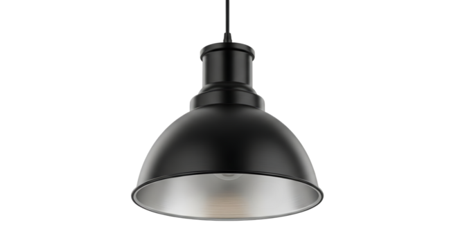 Pendant Light, Matte Black Industrial with Silver Interior isolated on a transparent background, cutout, PNG