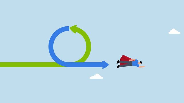 Agile methodology in project management or software development, businessman superhero fly with agile cycle.