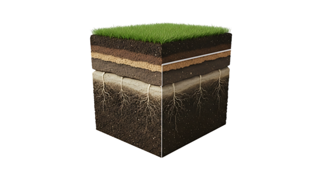 Soil, Cross Section with Layers, Grass, and Visible Root System isolated on a transparent background, cutout, PNG