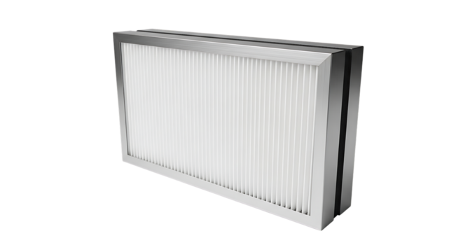 Air Filter, Rectangular Pleated with Silver Metal Frame and White Filter Media isolated on a transparent background, cutout, PNG