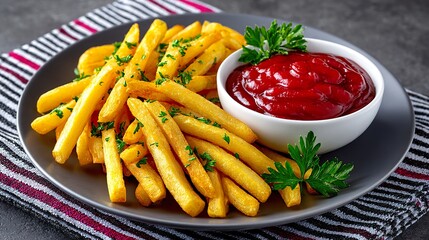 French fries with ketchup on a plate.