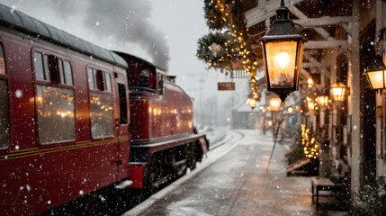 Obraz premium red steam train departing snowy station with glowing lamps and wreaths