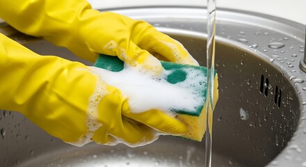 Sparkling Clean: A close-up shot of hands in yellow gloves scrubbing a kitchen sink, with a sponge and soapy water, highlighting the importance of hygiene and cleanliness.
