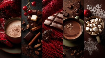 christmas design of delicious cocoa , chocolate desserts, marshemallow, glamour collage of four sections