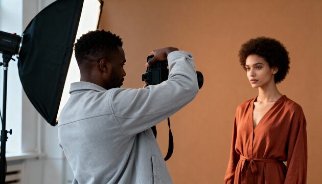 Black photographer shooting a fashion model in a professional studio. Behind the scenes of a photoshoot with lighting equipment. Creative industry concept
