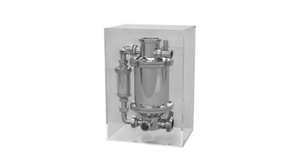 Industrial Filter Assembly, Polished Stainless Steel with Clear Protective Enclosure isolated on a transparent background, cutout, PNG