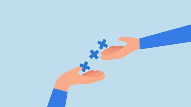 Forward positivity, 4k animation of businessman extends hand with a positive plus sign to his colleagues.