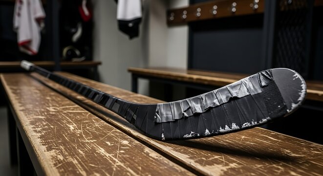 Hockey Stick in the Locker Room: A detailed view captures the grit of the game, with a well-used hockey stick resting on the wooden bench of a locker room. Evoking the intensity, discipline.