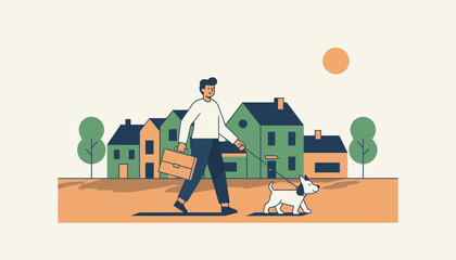 An individual walking their dog in a picturesque neighborhood after logging off work representing the balance between responsibilities and personal joy.