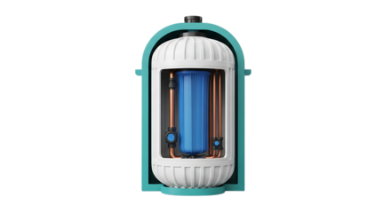 Water Filter System, Cutaway View with Blue Cartridge and Copper Pipes isolated on a transparent background, cutout, PNG