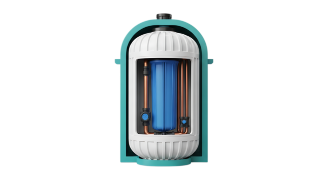 Water Filter System, Cutaway View with Blue Cartridge and Copper Pipes isolated on a transparent background, cutout, PNG