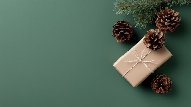 Flach gelegtes Weihnachtsgeschenk in Kraftpapier mit Bindfaden umgeben von Tannenzweigen und Tannenzapfen auf dunkelgr&uuml;nem Hintergrund &ndash; Festliches Stillleben