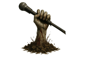 Zombie hand rising from grave holding microphone representing undead singer, horror music, halloween party