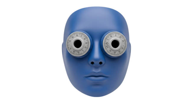 Face, Blue with Combination Lock Eyes and Dial isolated on a transparent background, cutout, PNG