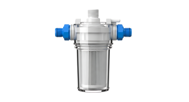 Water Filter Housing, Clear Plastic with Pleated White Filter Cartridge and Blue Connectors isolated on a transparent background, cutout, PNG
