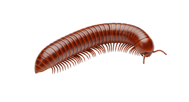 Millipede, Brown Segmented with Many Legs and Antennae isolated on a transparent background, cutout, PNG