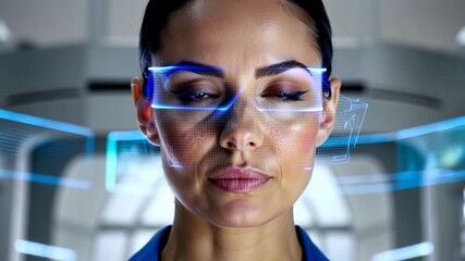 Face detection grid on face a woman in a modern, high-tech environment. - Powered by Adobe