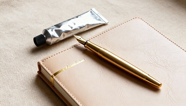 A gold fountain pen rests on a beige leather notebook. Elegant still life for writing, journaling, or creative concepts. Minimalist stationery composition