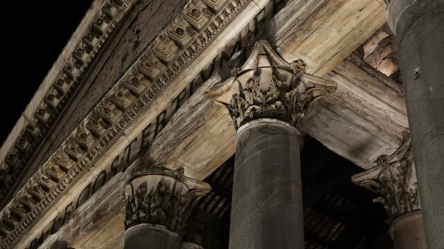 night lights highlight main pillars roof arches artwork pantheon temple rome landmark architecture historic urban scenic nighttime church roman empire emperor god 