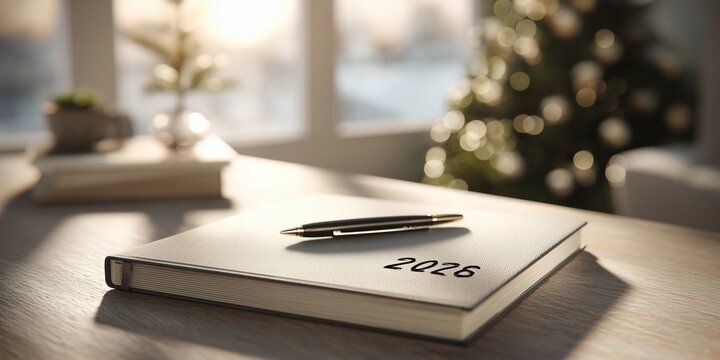 White 2026 planner with black pen rests on sunlit wooden desk near window and blurred festive tree. Fresh start symbolism, hopeful New Year resolutions vibe.