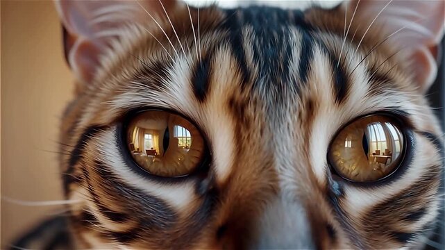 Close-up of Bengal cat's striking eyes reflecting room details. Bengal cat features beautiful amber eyes showcasing intricate patterns and textures.