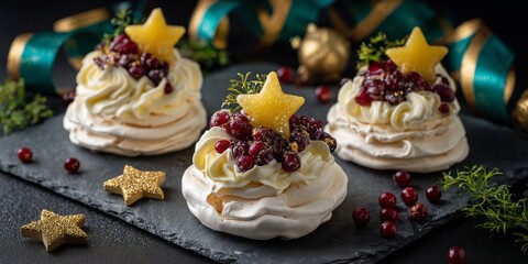 Mini pavlova desserts topped with whipped cream, cranberries and lemon curd. Festive and elegant Christmas treat.