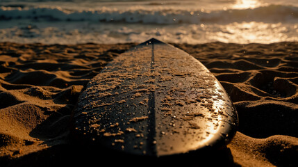 Surfboard beach sand ocean sunset sea waves beachfront coastline surfing beach accessory beach equipment beach gear beach scene beach vacation beach travel beach leisure