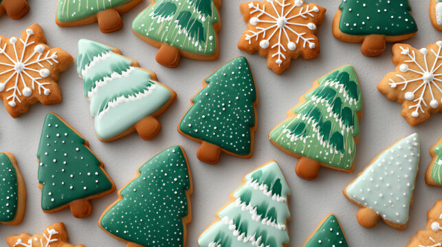 Iced cookies shaped like Christmas trees and snowflakes on grey background.