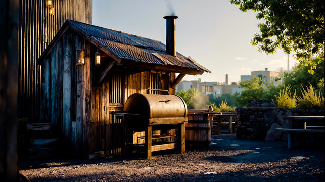 Barbecue grill outdoor smoker shed rustic wooden picnic patio backyard grilling outdoors cooking smoking barbecuing outbuilding - Powered by Adobe