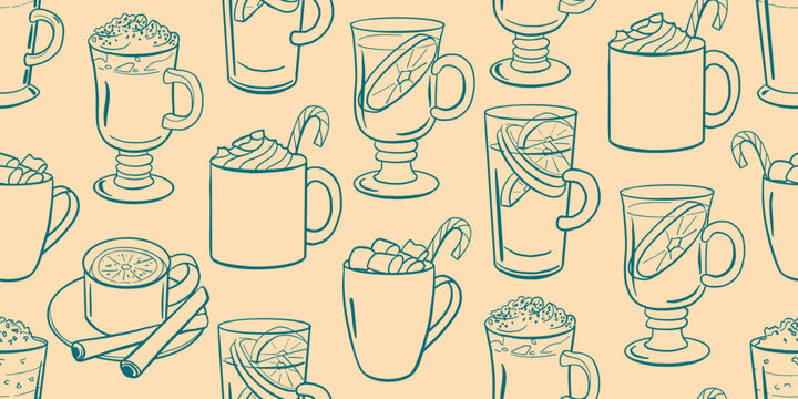 Pattern with hot winter drinks, cocoa, mulled wine, chocolate, eggnog, peppermint mocha. Hand drawn mugs, glasses, monochrome doodle vector seamless