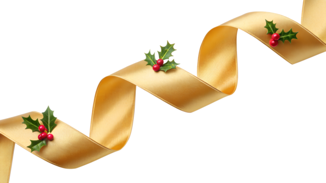 Golden Christmas Ribbon with Holly Garland – Realistic Luxury Holiday Decoration PNG on White Background