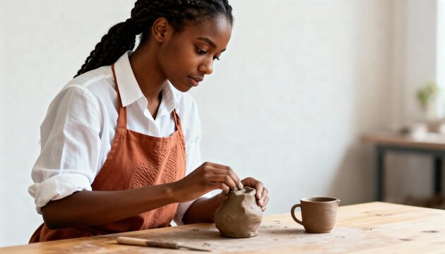 Creative Black woman shaping a clay pot by hand in a pottery workshop. Female artisan focused on crafting handmade ceramics in a bright studio. Copy space for text