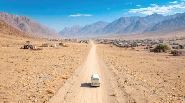Van Driving on Dusty Desert Road with Mountains