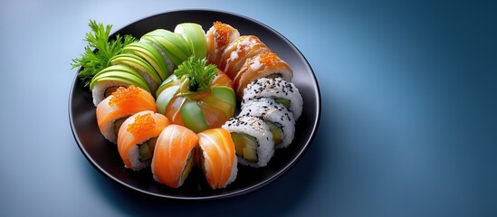 Christmas banner rolls. Colorful sushi platter featuring various rolls with vibrant toppings and garnishes, showcasing culinary artistry and festive presentation