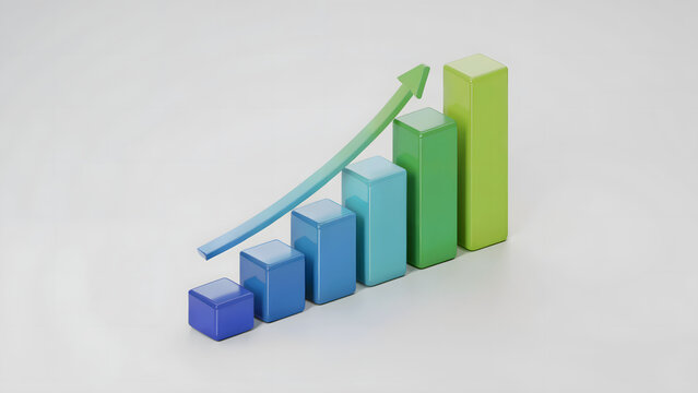 3D render of growth bar chart, blue to green progress graph, rising arrow, business success concept, financial statistics, isolated background.