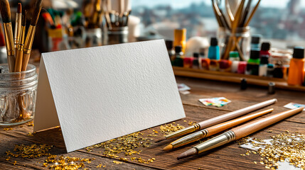 Blank white greeting card standing on wooden desk among art supplies and brushes. Creative workspace mockup for design or craft presentation.