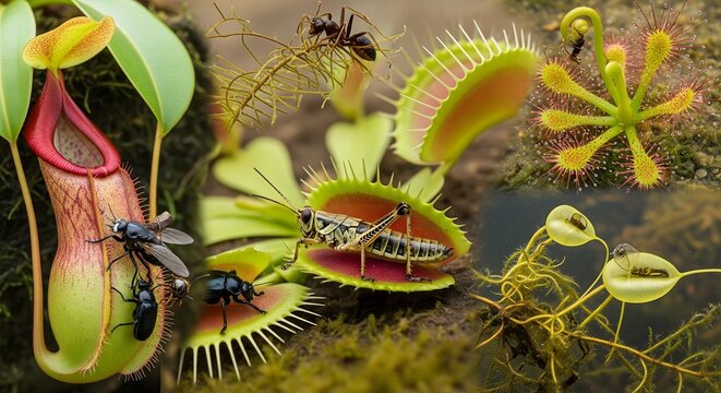 Carnivorous plants like pitcher plants and Venus flytraps capture insects and grasshoppers in stunning close-up detail - Powered by Adobe