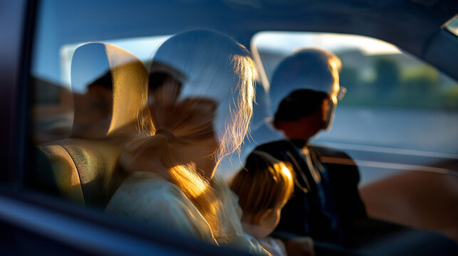 Defocused reflection of grandparents in the car window, family silhouettes visible in the glass, tender and nostalgic tone, with copy space.