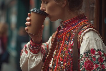 Coffee Cup Held by Person in Traditional Attire