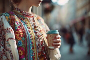 Coffee Cup Held by Person in Traditional Attire