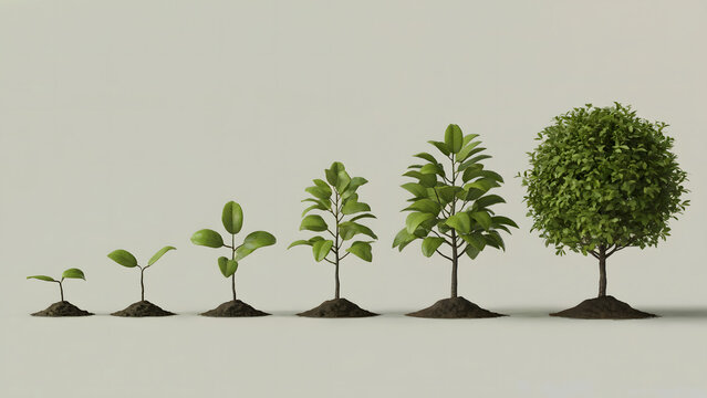 Six stages of tree growth, 3d render from sprout to mature round tree, plant evolution timeline, business investment progress, isolated background.