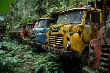 Abandoned Vintage Trucks in Forest Clearing