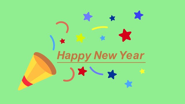 Animated Cartoon Design of Happy New Year Text Template With Confetty, Stars and Fireworks. Simple Animation Flat Cartoon 4K Video Editable Greenscreen Background.