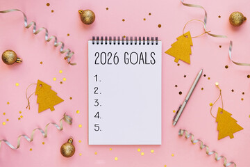 2026 New Year Goals List with Festive Decorations on Pink Background. Perfect for themes related to New Year planning, resolutions, and goal achievement