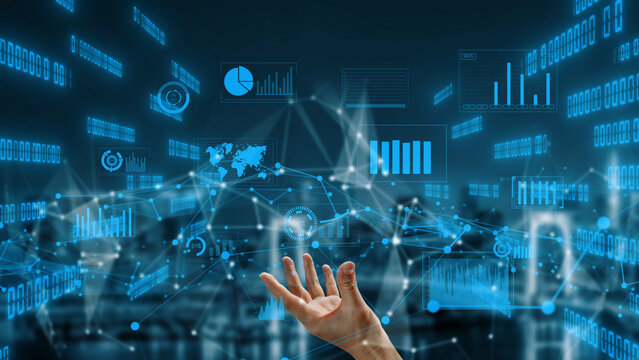 A futuristic hand reaches out towards an immersive digital landscape filled with data visualizations, graphs, and binary code, symbolizing technology and innovation. Xenic - Powered by Adobe