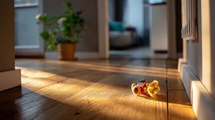 Defocused view of child’s toy left on the doorstep, golden light spilling across the floor, symbolizing family bond, with copy space.