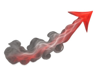 Red arrow ascending with a stylized smoke trail, symbolizing progress, increasing statistics, and positive trend movement
