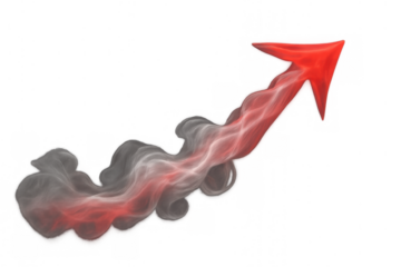 Red arrow ascending with a stylized smoke trail, symbolizing progress, increasing statistics, and positive trend movement
