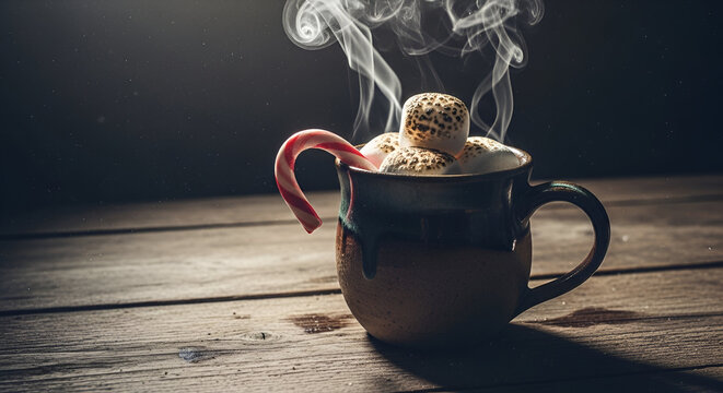 Hot chocolate mug with whipped cream and candy cane on wooden table/ A moody, textured grunge photography shot.